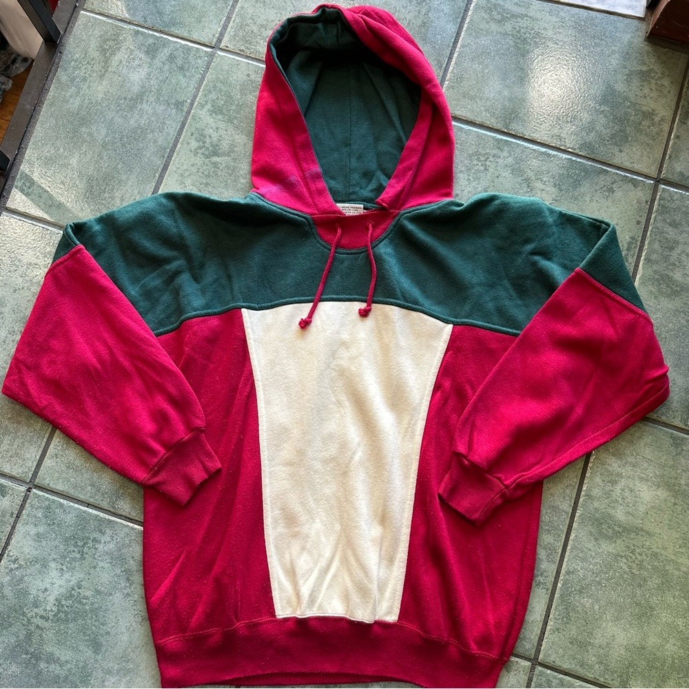 VTG 80s Color block Hooded Sweatshirt w/ Shoulder Pads